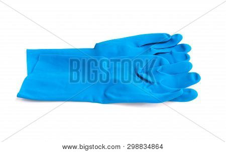 Blue Rubber Gloves For Cleaning On White Background, Workhouse Concept