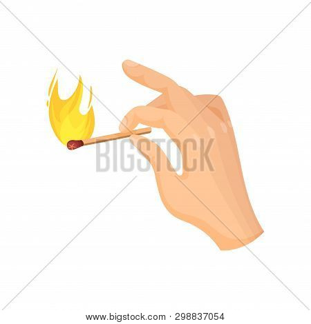 Lit Match In Hand. Vector Illustration On White Background.