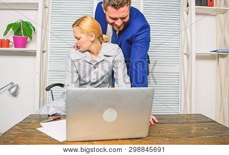 Boss Unacceptable Behavior Subordinate Employee. Boss Touch Female Office Colleague. Woman Worker Su