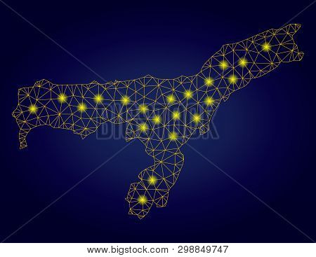 Yellow Mesh Vector Assam State Map With Glare Effect On A Dark Blue Gradiented Background. Abstract 