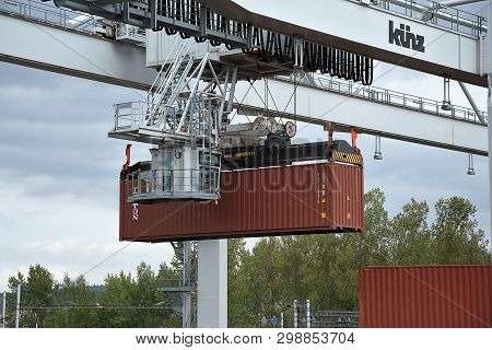 Ceska Trebova, Czech Republic - 20.4.2019: Container Train Terminal Company Metrans. Cranes For Load