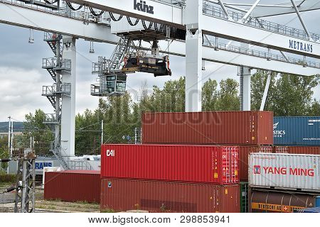Ceska Trebova, Czech Republic - 20.4.2019: Container Train Terminal Company Metrans. Cranes For Load