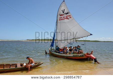 Tourists Makeing A Trip On A Sailing Boat At Barra De Cunhau On Brazil .