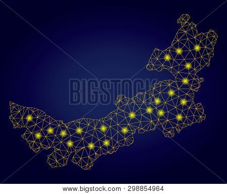 Yellow Mesh Vector Chinese Inner Mongolia Map With Glow Effect On A Dark Blue Gradiented Background.