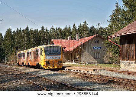Kvetna, Czech Republic - 20.4.2019: Passenger Train On The Route Policka - Svitavy. Kvetna Train Sta