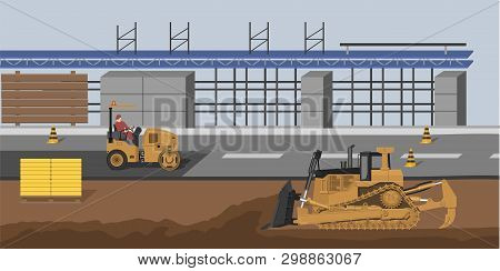 Construction Site With Bulldozer And Vibratory Roller. Market Building. Industrial Landscape. Citysc