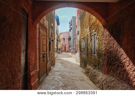 El Jadida, Morocco. March 10, 2014 : Traditional Colorful Local Houses And Architecture In A Small P