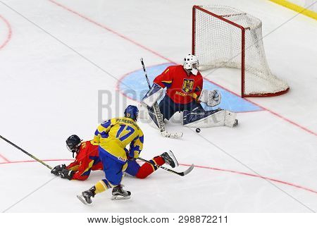 Kyiv, Ukraine - April 20, 2018: Goalkeeper Arnold Demeter Of Romania Defends His Net During The Iihf