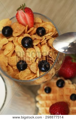 Breakfast - Cornflakes With Glass Of Milk. Wafes, Black Currants