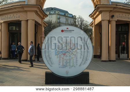 Moscow, Russia - April, 26, 2019: entrance to the metro station Kropotkinskaya in Moscow