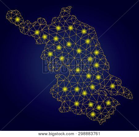 Yellow Mesh Vector Jiangsu Province Map With Glare Effect On A Dark Blue Gradiented Background. Abst