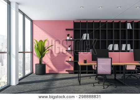 Pink Brick Office Workplace With Bookcase