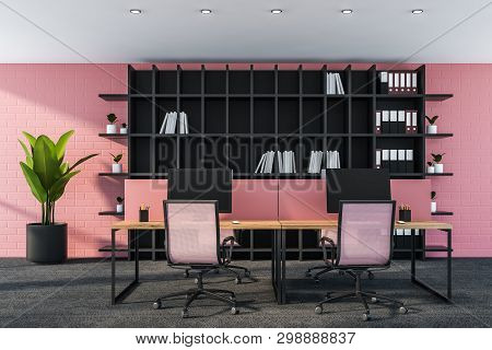Pink Office Workplace With Bookcase
