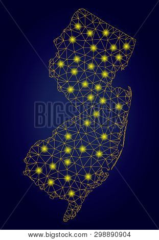 Yellow Mesh Vector New Jersey State Map With Glow Effect On A Dark Blue Gradiented Background. Abstr