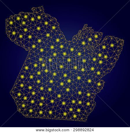Yellow Mesh Vector Paral State Map With Glare Effect On A Dark Blue Gradiented Background. Abstract 