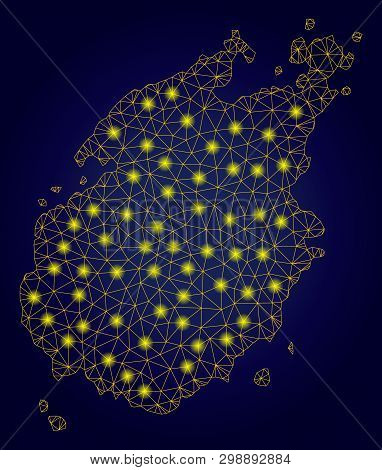 Yellow Mesh Vector Paros Island Map With Flare Effect On A Dark Blue Gradiented Background. Abstract