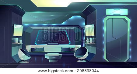 Future Spaceship Crew Cabin Futuristic Interior Cartoon Illustration. Fiction Live Space Station Int