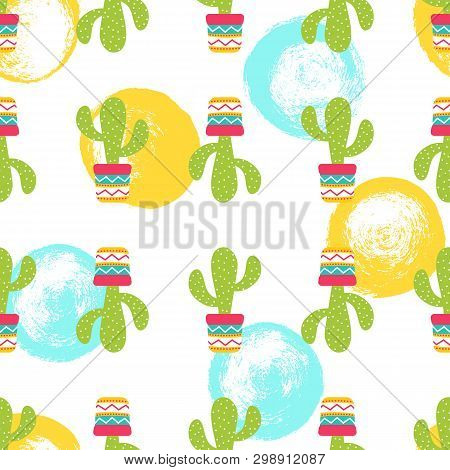 Seamless Pattern Of Cactuses Succulents With Nice Pot In Flat Style. Editable Elements, Icons For Cl
