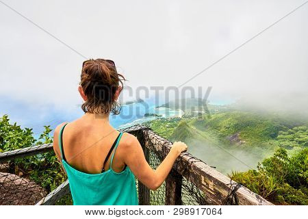 Adventure Woman Hiking On Morne Blanc Mountain, Seychelles
