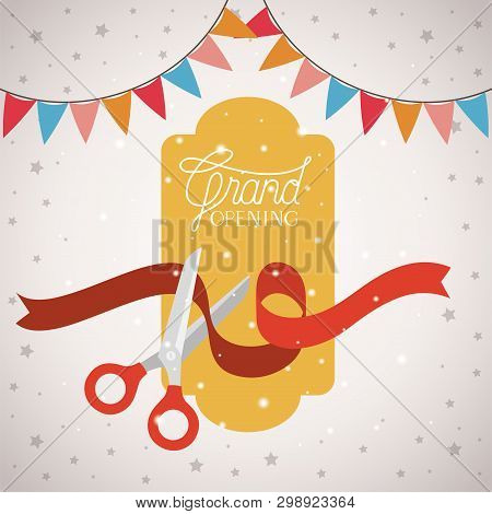 Grand Opening Frame With Scissorscuting Ribbon And Garlands Vector Illustration
