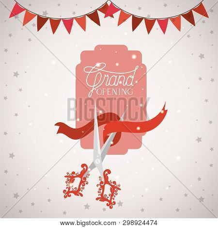 Grand Opening Frame With Scissorscuting Ribbon And Garlands Vector Illustration