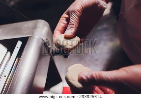 Chef Making Dough Pastry Sheeter Bakery Baker Forming Shaping Dough Rolled Pastry Metal Work Table C