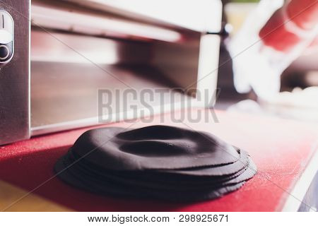 Chef Making Dough Pastry Sheeter Bakery Baker Forming Shaping Dough Rolled Pastry Metal Work Table C