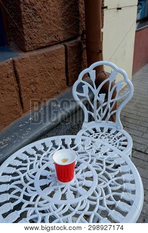 Beautiful Red Paper Cup With Latte In Spring