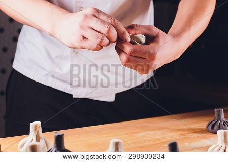 National Georgian Cuisine Khinkali Metal Background Cook Prepares Khinkali Kitchen Top View Raw Meat