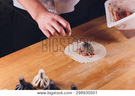National Georgian Cuisine Khinkali Metal Background Cook Prepares Khinkali Kitchen Top View Raw Meat