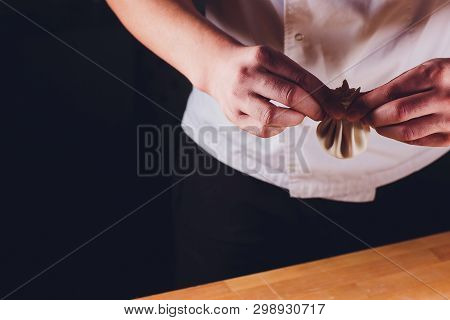 National Georgian Cuisine Khinkali Metal Background Cook Prepares Khinkali Kitchen Top View Raw Meat