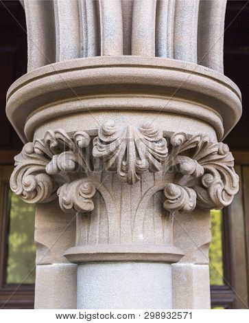 Armidale, Australia - April 10, 2019: Architectural Detail On The Columns Of The Portal Of Saints Ma