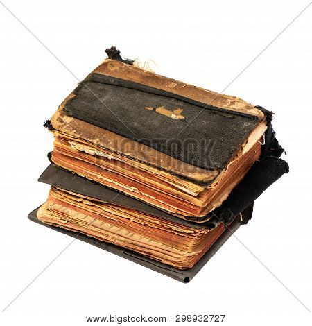 Two Ancient Prayer Books, Angle Wise. Objects Isolated On White Background With Clipping Path