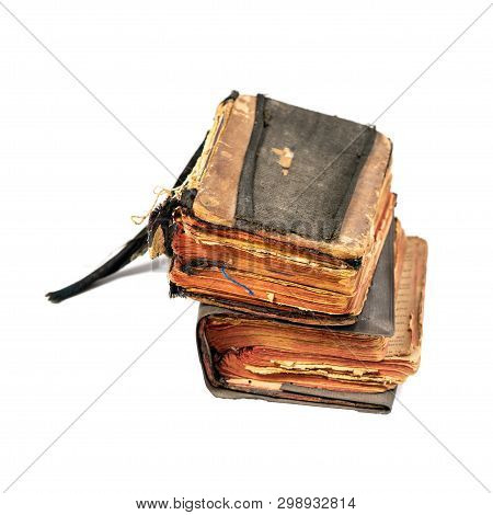Two Ancient Prayer Books, Angle Wise. Objects Isolated On White Background With Clipping Path