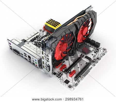Motherboard Complete With Ram And Video Card Isolated On White Background 3d Render