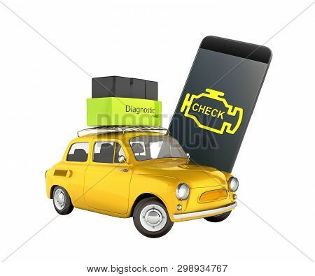 Car Diagnostic Concept Close Up Of Obd2 Wireless Scanner With Smartphone And Retro Car On White Back