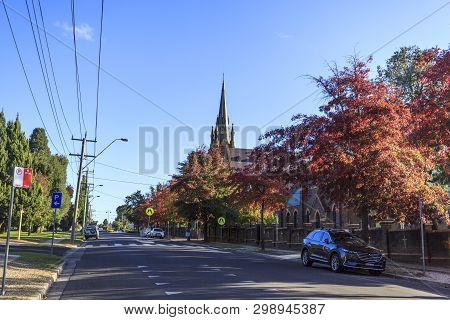 Armidale, Australia - April 10, 2019: Street View Of The Needle Spire Of Saints Mary And Joseph Cath