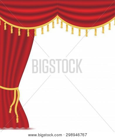 Red Curtains With Drapery, Vector Illustration Isolated On White Background. Place For Text. Design 