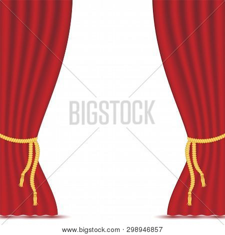 Red Curtains With Drapery, Vector Illustration Isolated On White Background. Place For Text. Design 
