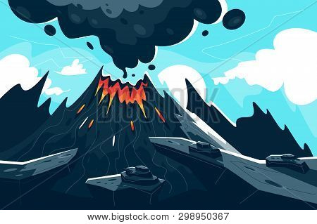 Flat Erupting Volcano With Red Flame And Smoke. Concept Natural Phenomenon, Disaster In Mountain. Ve