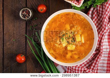 Traditional Russian Soup With Cabbage - Sauerkraut Soup - Shchi. Flat Lay. Top View