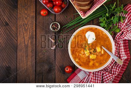Traditional Russian Soup With Cabbage - Sauerkraut Soup - Shchi. Flat Lay. Top View