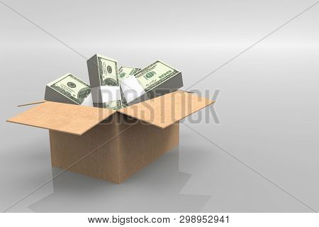 3d Rendering. Us 100 Dollar Banknote Stacks In Opened Paper Borwn Box On Copy Space Gray Background.