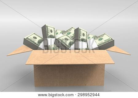 3d Rendering. Us 100 Dollar Banknote Stacks In Opened Paper Borwn Box On Copy Space Gray Background.