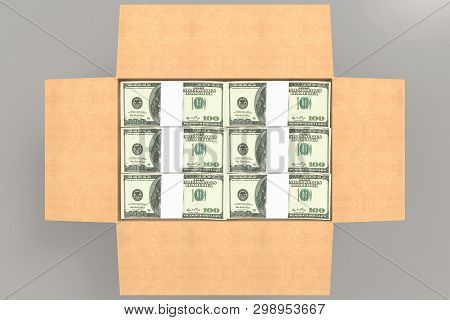 3d Rendering. Top View Of Us 100 Dollar Banknote Stacks In Opened Paper Borwn Box On Copy Space Gray