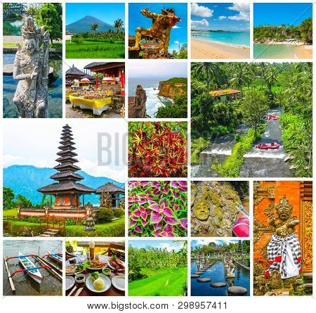 The Collage On The Theme Of Bali, Indonesia. Tamples. Travel And Vacation Concept
