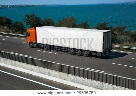 Odesa region, Ukraine, August 25, 2017 - Truck is going up the highway E95