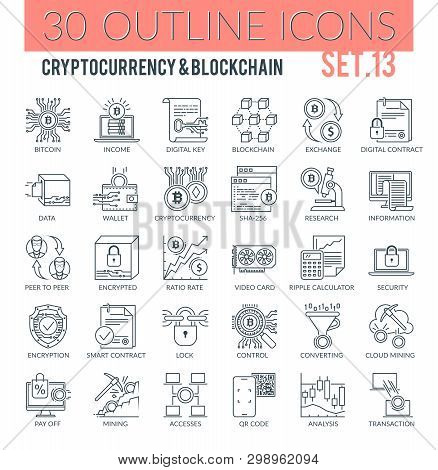 Set Of Modern Filled Outline Icons Of Cryptocurrency, Blockchain, Cloud Mining, Finance Technology A