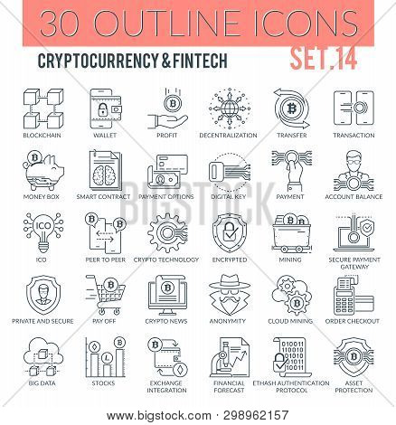Set Of Modern Filled Outline Icons Of Cryptocurrency, Blockchain, Cloud Mining, Finance Technology A