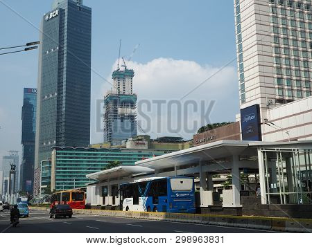 Jakarta, Indonesia - April 17, 2019: Bundaran Hi Integrated Transport Hub Which Connecting Mrt Jakar